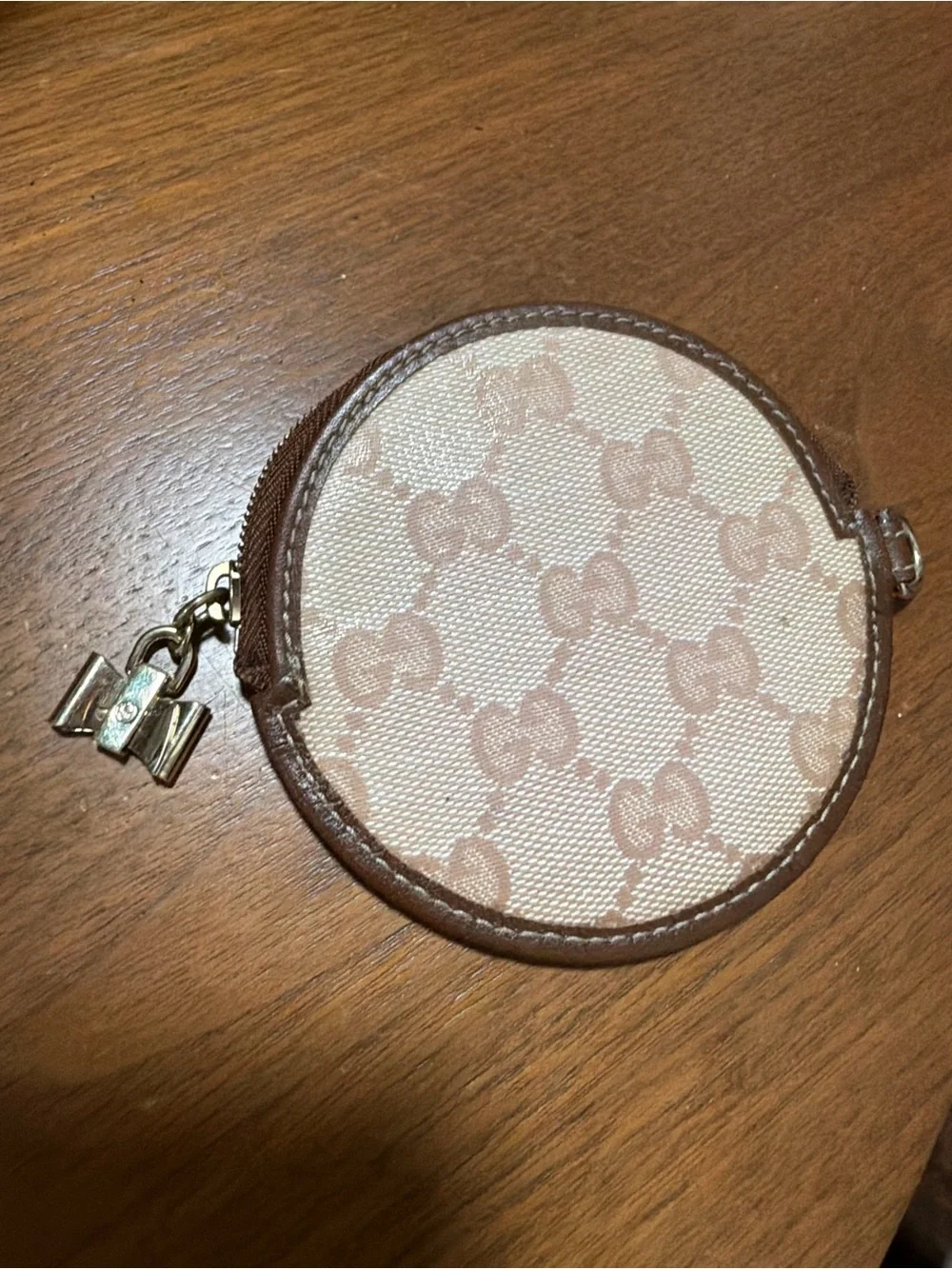 Gucci Beige and Brown Round GG Coin Pouch with Gold-Tone Hardware